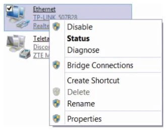 Trên PC, nhấp vào 'Network (or Ethernet) — Propertles'