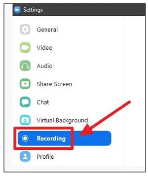 Chọn tùy chọn Recording từ bảng điều khiển bên trái trong cài đặt Zoom.
