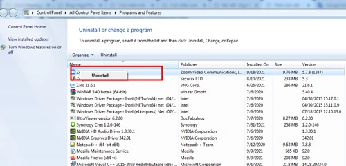 Nhấp chuột phải vào Zoom và nhấp vào Gỡ cài đặt.
