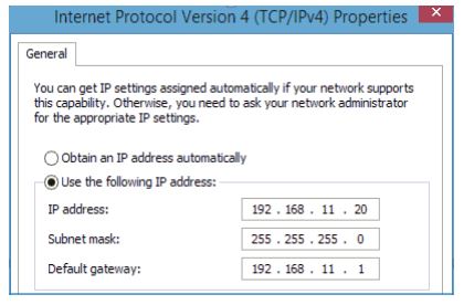 Chọn 'Use the following IP address', rồi nhập địa chỉ IP có sẵn '192.168.11.xxx' ở cùng phân đoạn mạng với '192.168.11.1'.