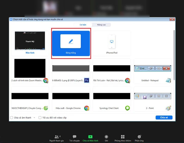 Chọn mục Bảng trắng (Whiteboard) để vẽ hình > Nhấn Chia sẻ (Share).