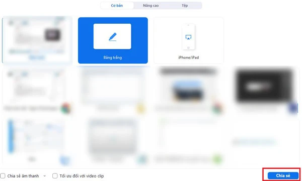 Kế tiếp, bạn có thể chọn 1 trong số các cửa sổ hoặc ứng dụng bên dưới để chia sẻ màn hình, bao gồm: Screen (giao diện màn hình), Whiteboard (Bảng trắng), iPhone/iPad, .... Sau đó, nhấn nút Share (chia sẻ)