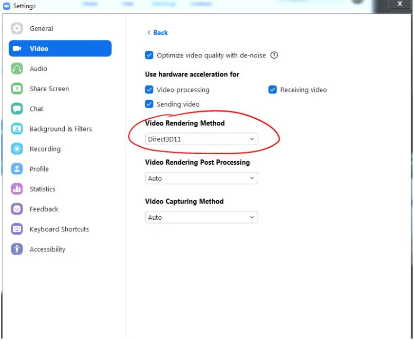 Nhấp ngay vào “Advanced” ở dưới cùng, đặt “Video Rendering Method” thành “Direct3D11”. ĐÓNG ZOOM để cài đặt của bạn được cập nhật vào lần sau khi bạn mở nó.