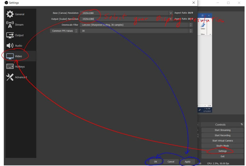 Vào OBS, nhấp vào ““Settings”, “Video”, sau đó chọn / nhập Độ phân giải hiển thị mà bạn đã viết trước đó. Nhấp vào “Apply”, “OK”.