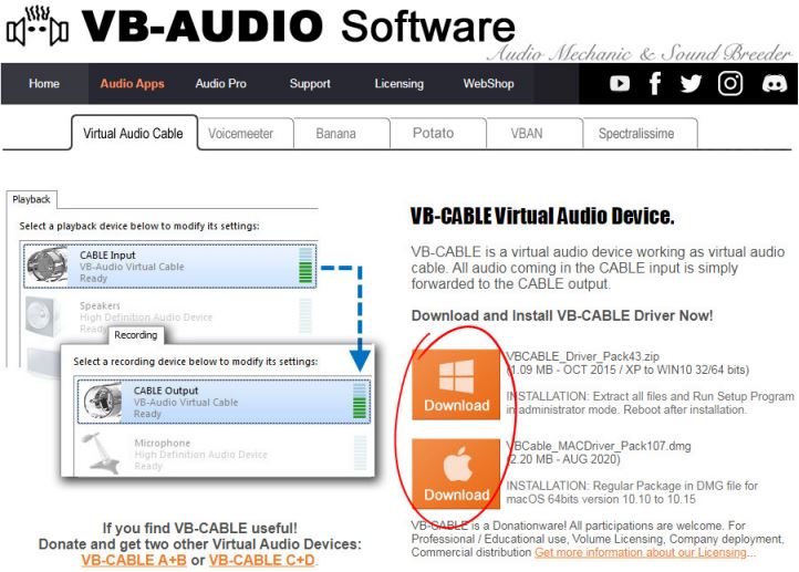 Truy cập https://vb-audio.com/Cable/index.htm, tải xuống và cài đặt virtual audio cable. KHỞI ĐỘNG LẠI MÁY TÍNH CỦA BẠN.