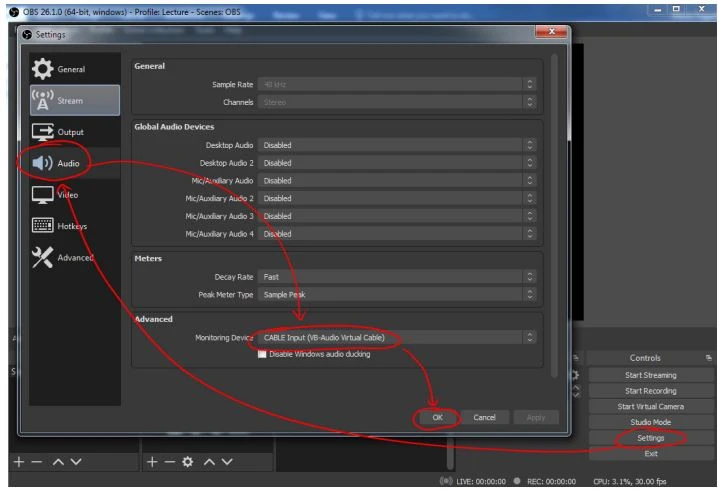 Mở OBS, vào “Settings”, “Audio”. Trong “Advanced”, chọn “Cable Input (VB-Audio Virtual Cable)” trong “Monitoring Device”, cuối cùng nhấp vào “OK”.