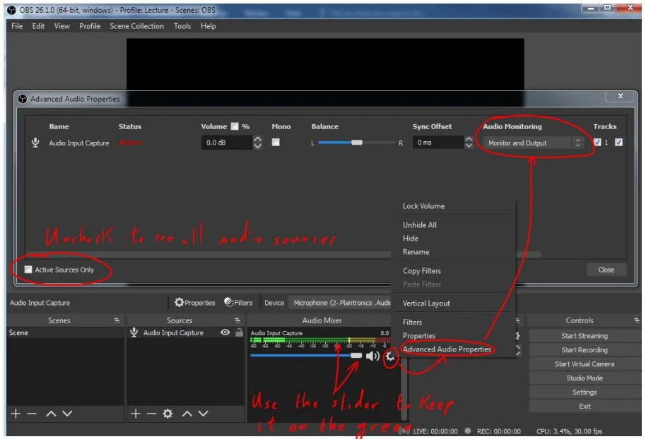 Đối với mỗi (các) nguồn OBS mà bạn muốn âm thanh được gửi tới Zoom, hãy nhấp vào biểu tượng bánh răng trong “Audio Mixer”, chọn “Advanced Audio Properties”, thay đổi “Audio Monitoring” thành “Monitor and Output”. Sử dụng thanh trượt âm thanh để giữ cho tất cả các âm lượng ở màu xanh lục, nếu không, âm lượng sẽ quá lớn đối với học sinh.