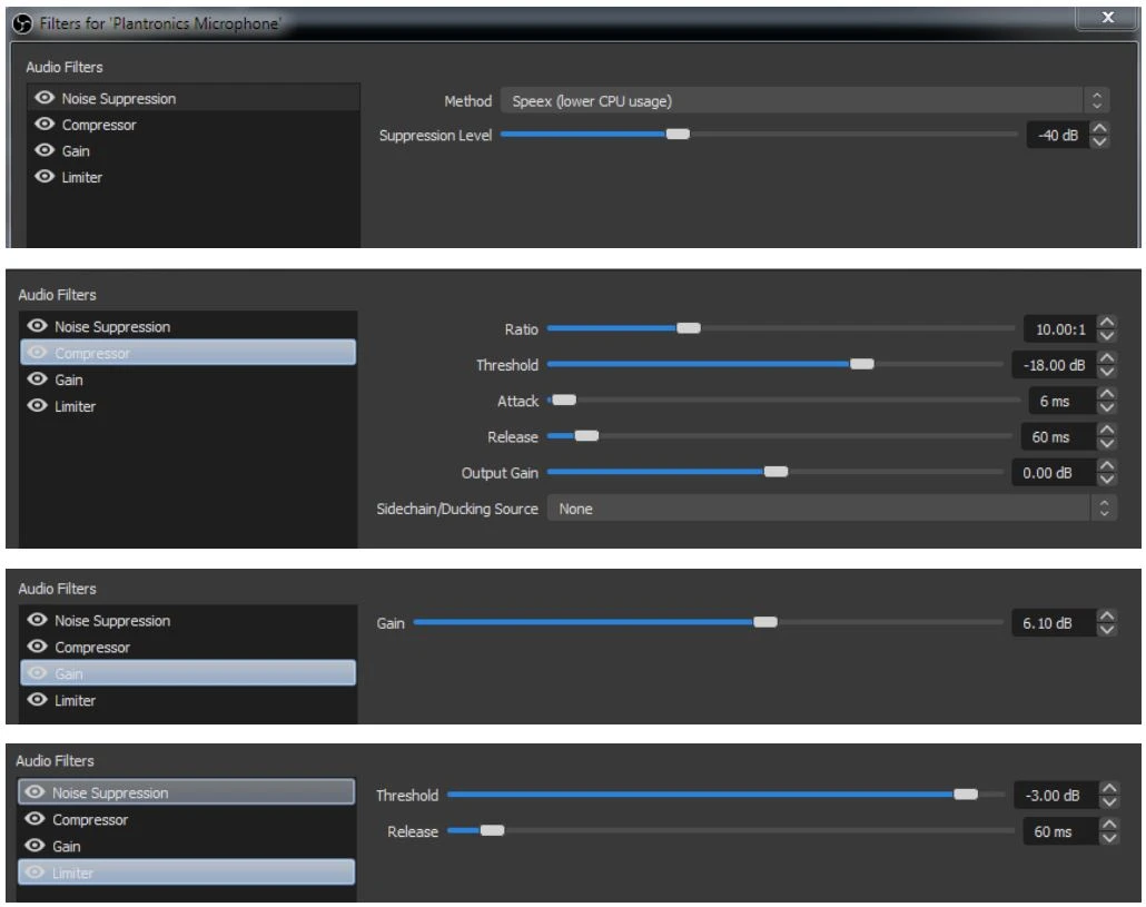 Các bộ lọc và cài đặt sau được khuyến nghị cho từng nguồn âm thanh như micrô của bạn: