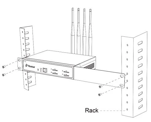 Đặt cổng TG vào giá 19 inch và cố định cả hai giá đỡ vào giá bằng thiết bị gắn độc quyền của giá.