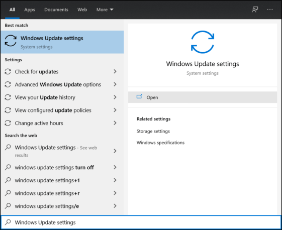 Đầu tiên, hãy mở Start men, sau đó tìm kiếm và mở Windows Update settings.