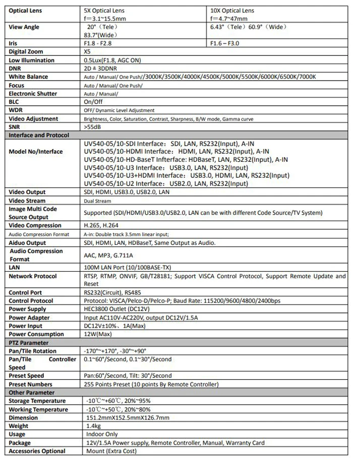 Thông số kỹ thuật Minrray UV540AS-10-HDMI
