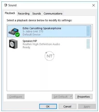 Trên tab Playback, chọn thiết bị Jabra của bạn và nhấp vào  Set Default