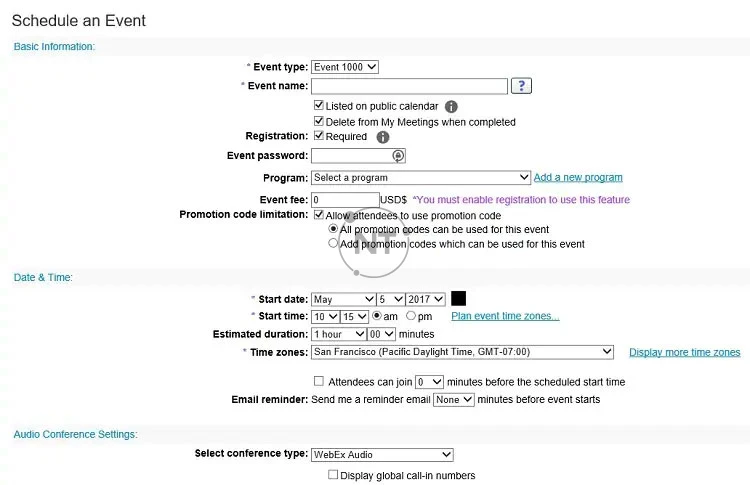Lên lịch sự kiện Webex events