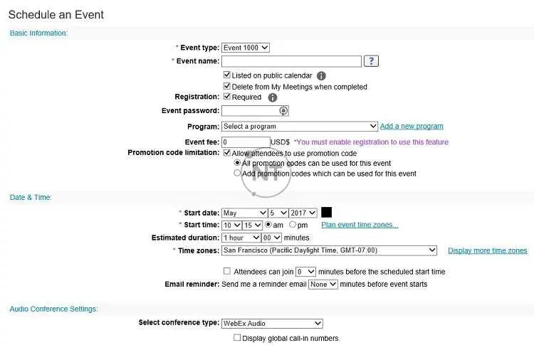 Lên lịch sự kiện với webex events