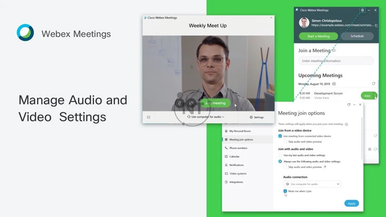 lựa chọn các cài đặt kết nối âm thanh, tắt tiếng, bật tiếng micrô và bật hoặc tắt video trước khi tham gia cuộc họp hoặc sự kiện trên Cisco Webex