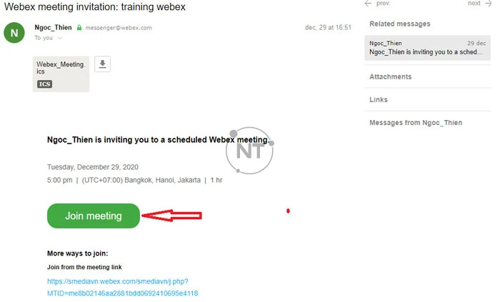 Người tham dự có thể tham gia vào cuộc họp Webex thông qua lời mời từ gửi từ chủ phòng. 