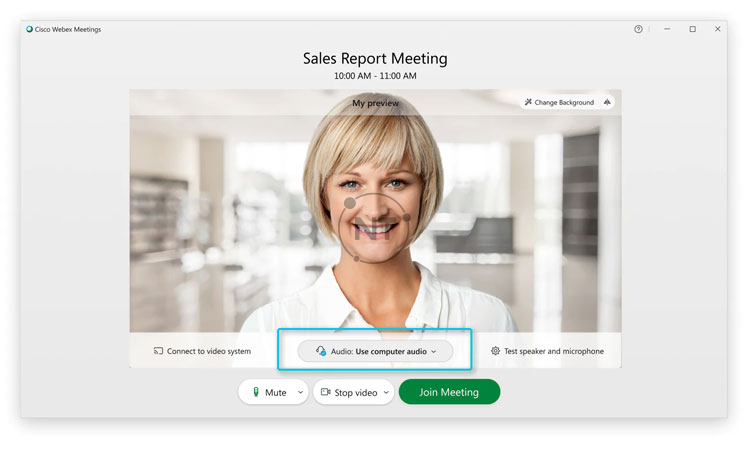 Nhấp vào các tùy chọn sử dụng kết nối âm thanh trong Webex Meetings.