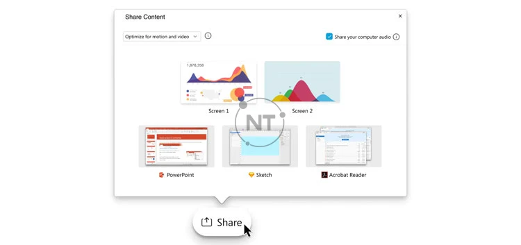 Để chia sẻ tài liệu trong cuộc họp, từ bảng điều khiển cuộc họp, hãy chọn Share