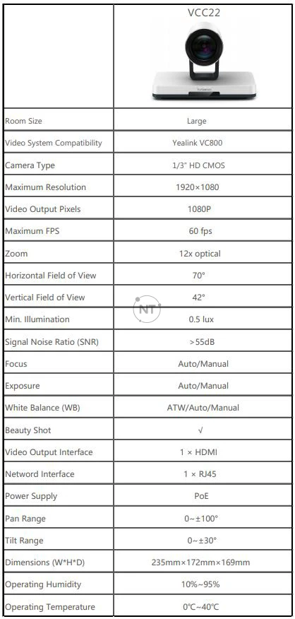 Thông số kỹ thuật của Yealink VCC22
