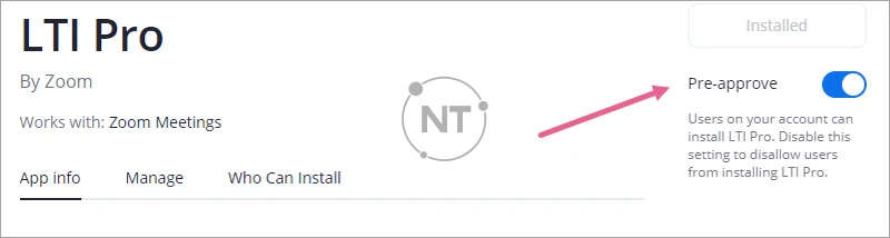 Sau khi cài đặt, chuyển đổi tùy chọn để Phê duyệt trước cài đặt tích hợp cho người dùng trong kế hoạch của bạn để thiết lập tích hợp. (điều này bao gồm tài khoản của riêng bạn)