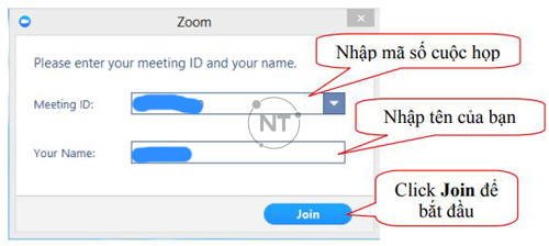 Sau đó bạn nhập mã số (Meeting ID) và tên của bạn (Your Name):