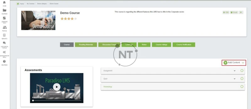 Đi tới bất kỳ khóa học hiện có/ tạo khóa học mới và nhấp vào “Add Content”.