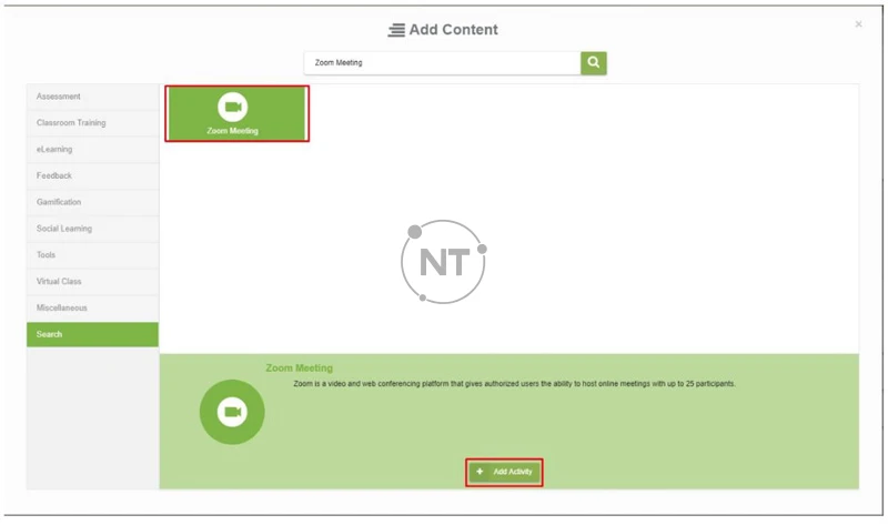 Tìm kiếm “Zoom Meeting” ở ô tìm kiếm hoặc nhấp vào “Virtual Class”, sau đó chọn “Zoom Meeting” và nhấp vào “Add Activity”