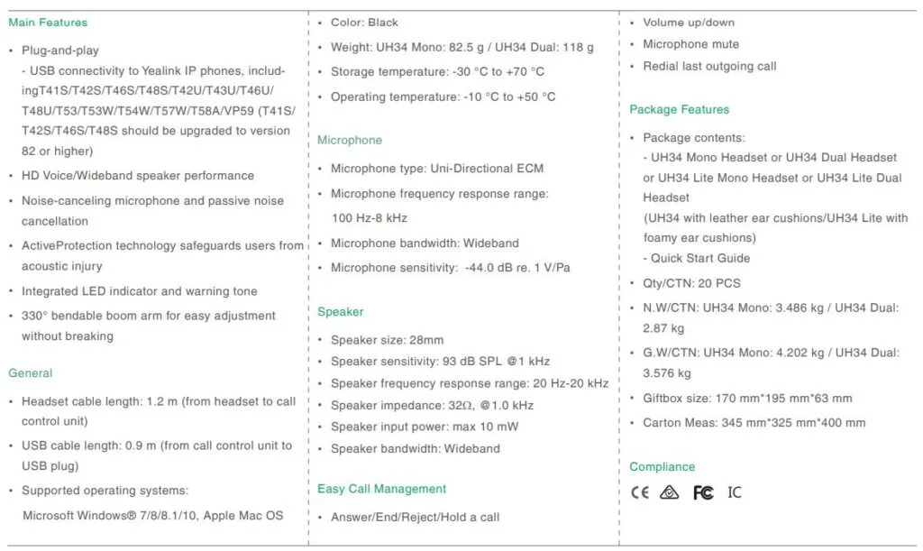 Thông số kỹ thuật của tai nghe Yealink UH34