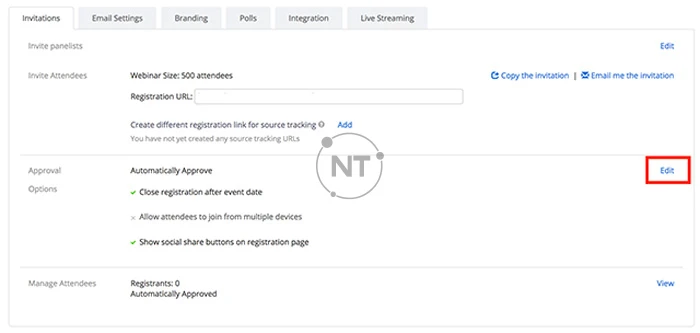 Cuộn xuống Invite Attendees và chọn Chỉnh sửa ở bên phải Approval Options.