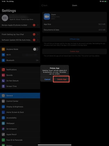 Khi được nhắc "Xóa" Thu phóng "cũng sẽ xóa tất cả tài liệu và dữ liệu của nó. Không thể hoàn tác hành động này", hãy nhấn vào Delete App.