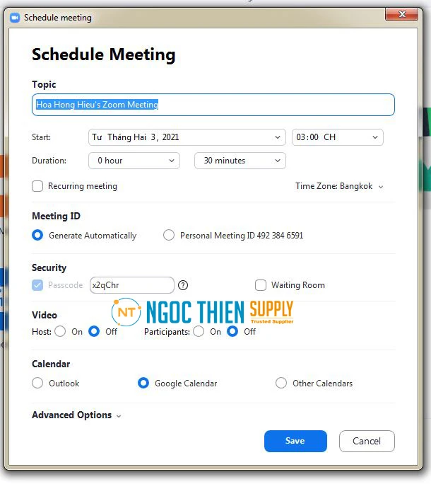 Trong phần Start, bạn chọn ngày, thời gian bắt đầu buổi học. Ở phần Duration, bạn chọn thời gian diễn ra buổi học.