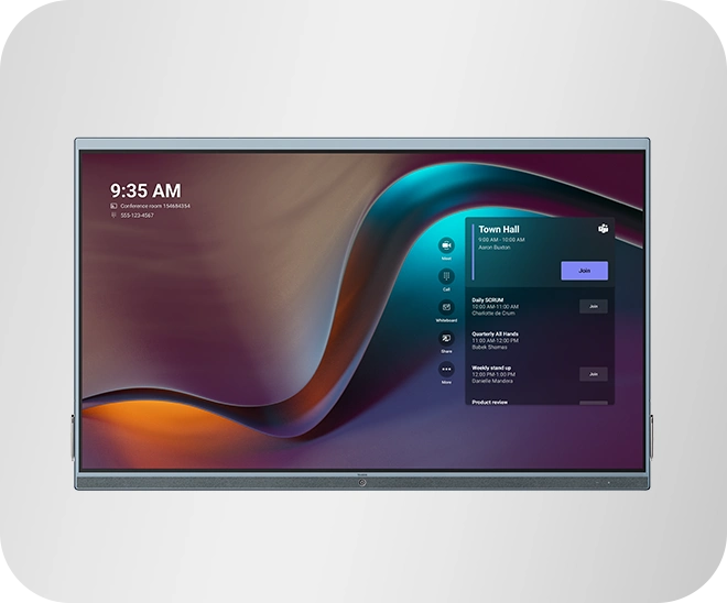 Màn hình cảm ứng Yealink ETV nhìn chính diện, độ phân giải 4K, hiển thị lịch họp Microsoft Teams Rooms trong phòng họp.