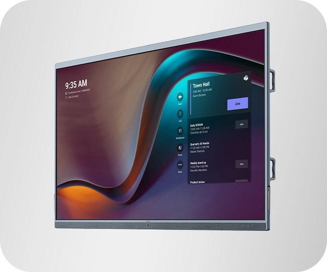 Màn hình cảm ứng Yealink ETV65/ ETV86 nhìn nghiêng, thiết kế viền mỏng, hiển thị giao diện Microsoft Teams Rooms, phù hợp làm màn hình mở rộng cho MeetingBoard.