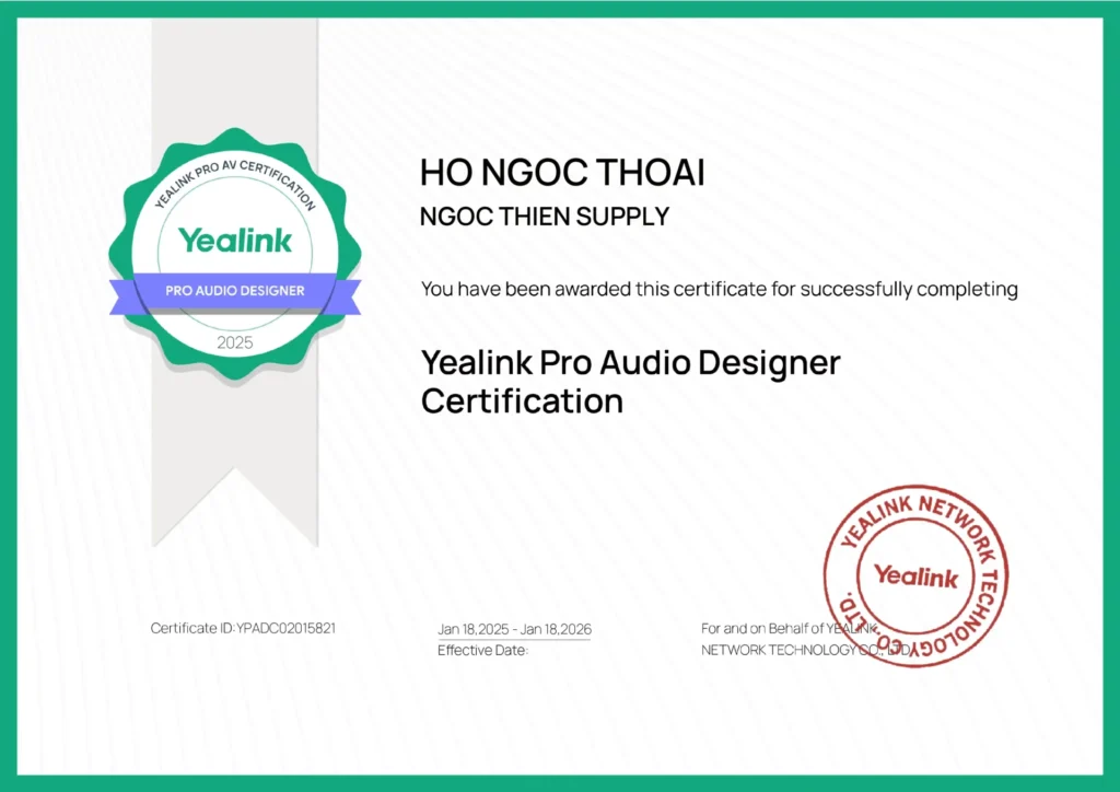 chứng chỉ yealink pro audio designer mà ngọc thiên nhận được