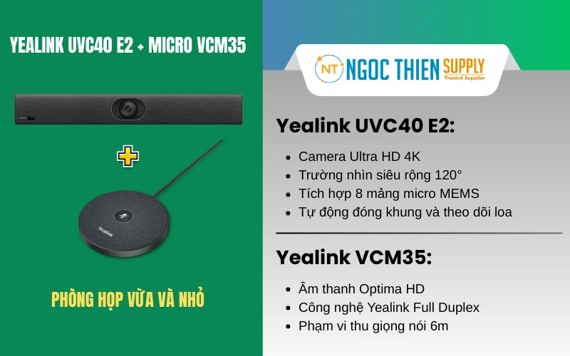 Yealink UVC40 E2 + micro VCM35 là combo thiết bị hội nghị trực tuyến có dây dành cho phòng họp quy mô vừa và nhỏ