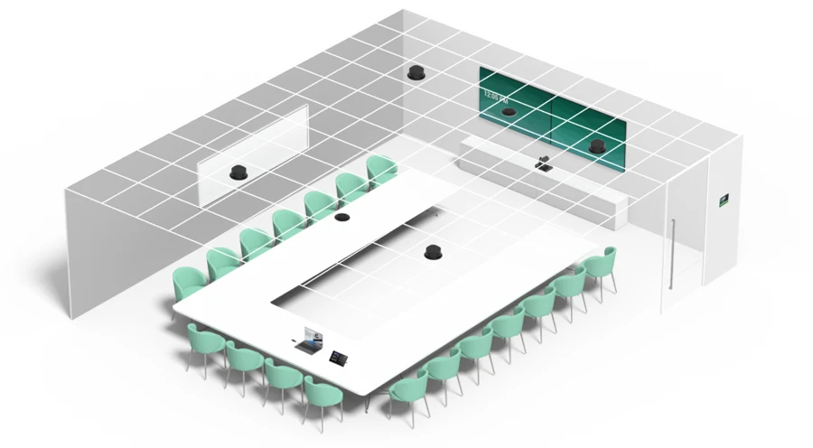 Sơ đồ 3D - Bố trí phòng họp hình chữ U với Yealink MVC860 và giải pháp âm thanh trần