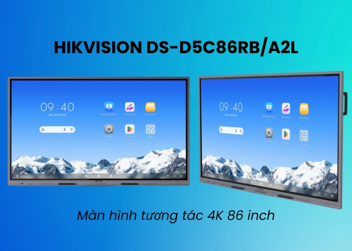 Màn hình tương tác 4K 86 inch Hikvision DS-D5C86RB/A2L – hiển thị UHD, cảm ứng đa điểm, hệ thống kép Android & Windows, phù hợp cho phòng họp và lớp học.