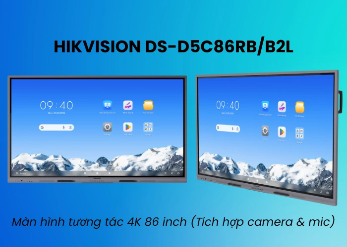 Màn hình tương tác 4K 86 inch Hikvision DS-D5C86RB/B2L – tích hợp camera và micro, cảm ứng đa điểm, hiển thị UHD, phù hợp cho họp trực tuyến và giảng dạy.