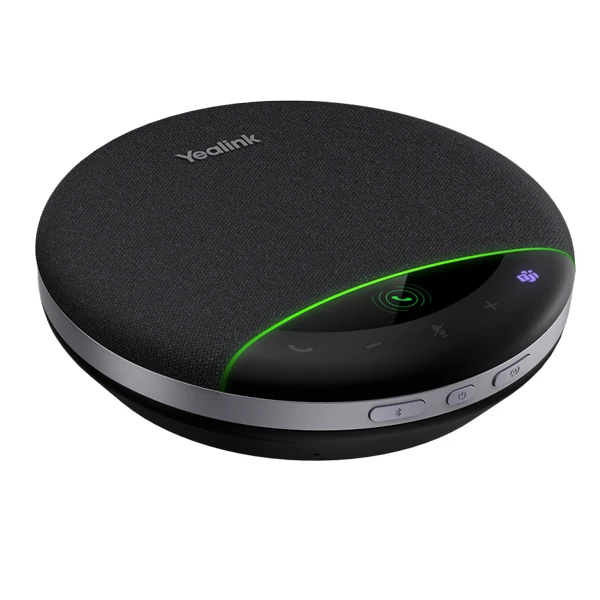 Loa hội nghị Yealink SP96 USB-C/A với vòng LED xanh lá, thiết kế phủ vải đen.