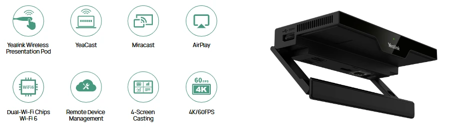 Thiết bị Yealink RoomCast E2 hỗ trợ chia sẻ màn hình không dây 4K/60FPS, Wi-Fi 6, Miracast, AirPlay.