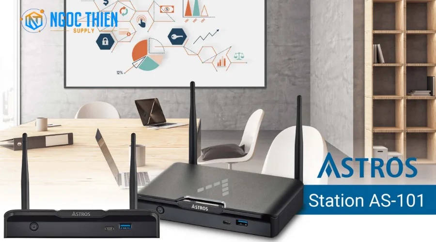 Thiết bị trình chiếu không dây Astros Station AS-101 trong phòng họp hiện đại.