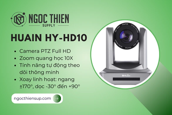 Camera hội nghị Huain HY-HD10 PTZ Full HD, zoom quang học 10X, tính năng tự động theo dõi, xoay ngang ±170° và dọc -30° đến +90°.