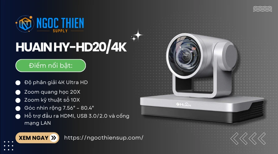 Camera hội nghị HUAIN HY-HD20/4K độ phân giải 4K Ultra HD, zoom quang học 20X, hỗ trợ HDMI, USB và LAN – phân phối bởi Ngọc Thiên Supply.