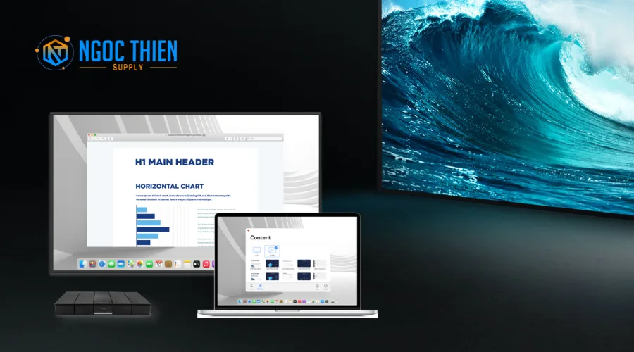 Thiết bị chia sẻ màn hình không dây MAXHUB WB05 kết nối laptop với màn hình lớn 4K.
