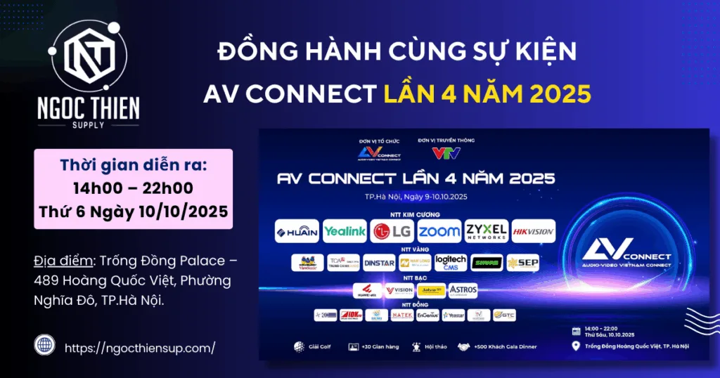 Hình ảnh banner quảng bá sự kiện AV Connect 2025 - Lần 4 tại Hà Nội, với sự đồng hành của Ngọc Thiên Supply cùng nhiều thương hiệu công nghệ lớn.