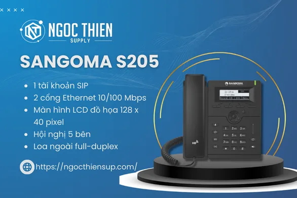 Hình ảnh điện thoại IP Phone Sangoma S205 màu đen, màn hình LCD nhỏ, kèm các thông số kỹ thuật nổi bật và logo Ngọc Thiên Supply.
