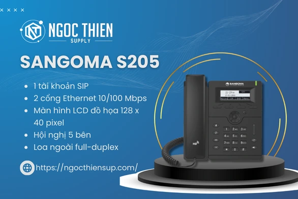 Hình ảnh điện thoại IP Phone Sangoma S205 màu đen, màn hình LCD nhỏ, kèm các thông số kỹ thuật nổi bật và logo Ngọc Thiên Supply.
