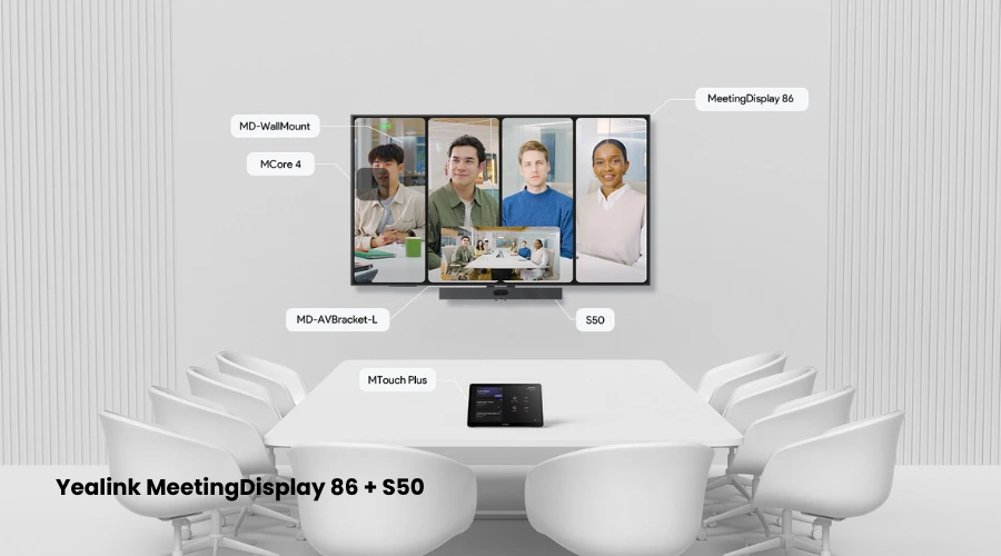 Phòng họp trang bị màn hình Yealink MeetingDisplay 86 kết hợp S50, MCore 4 và bảng điều khiển MTouch Plus.