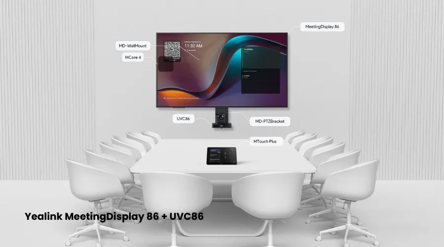 Hệ thống Yealink MeetingDisplay 86 kết hợp UVC86, MCore 4 và MTouch Plus trong phòng họp hiện đại.
