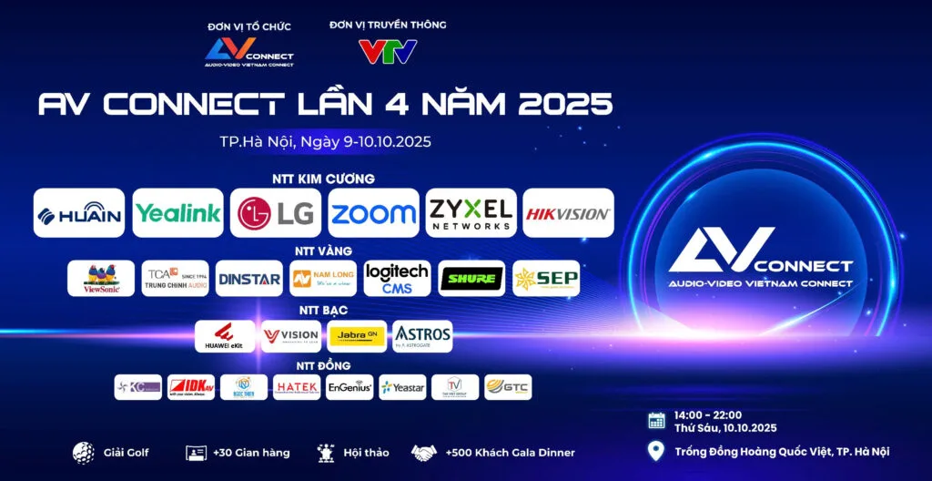 Banner sự kiện AV Connect lần 4 năm 2025 tại Hà Nội, có sự tham gia của nhiều thương hiệu công nghệ hàng đầu và sự đồng hành của Ngọc Thiên Supply.